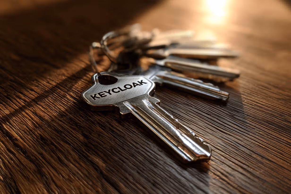 Ein Schlüsselbund auf einer Holzfläche, der vorderste Schlüssel trägt die Gravur „Keycloak“