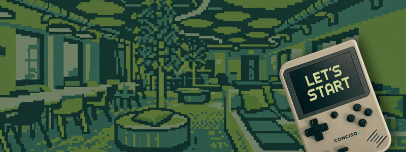 Pixel-Art-Illustration des Conciso-Workgardens mit einem Game Boy, auf dessen Display „Let’s Start“ steht